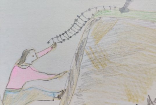 Drawing of a woman stuck in a valley, trying to reach a rope ladder to climb up. It illustrates an article which is about getting ourselves unstuck from a place where we feel trapped