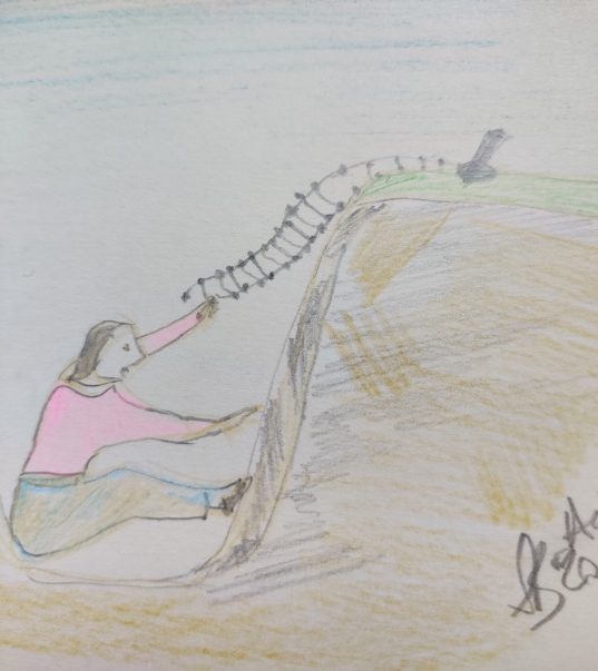 Drawing of a woman stuck in a valley, trying to reach a rope ladder to climb up. It illustrates an article which is about getting ourselves unstuck from a place where we feel trapped
